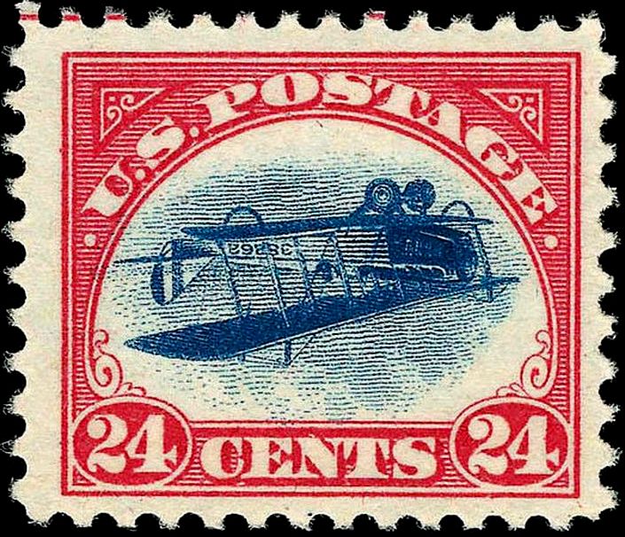 Inverted Jenny postage stamp - 1918 US 24-cent airmail with inverted biplane