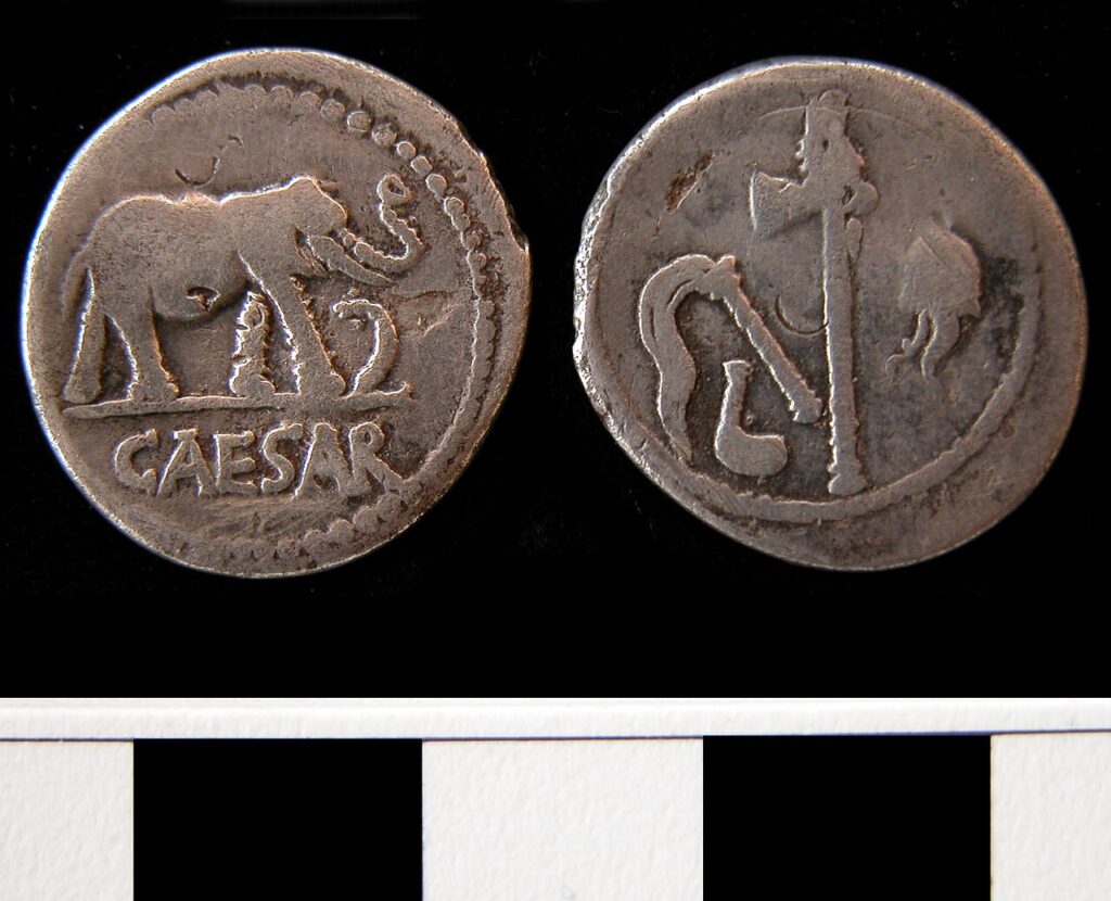 Roman silver denarius of Julius Caesar, elephant trampling carnyx, c. 49-48 BC